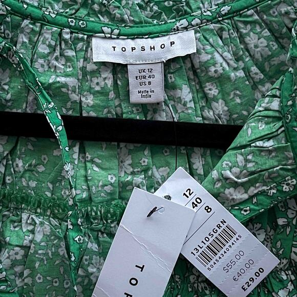 Topshop Floral Puff-Sleeve Peasant Blouse US 8 (UK 12) Green 100% Cotton NWT - Picture 4 of 8